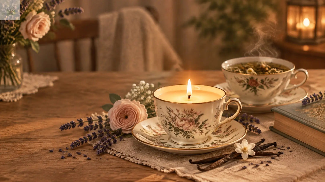 MysTEAry cup and saucer candle glowing softly beside tea and a book