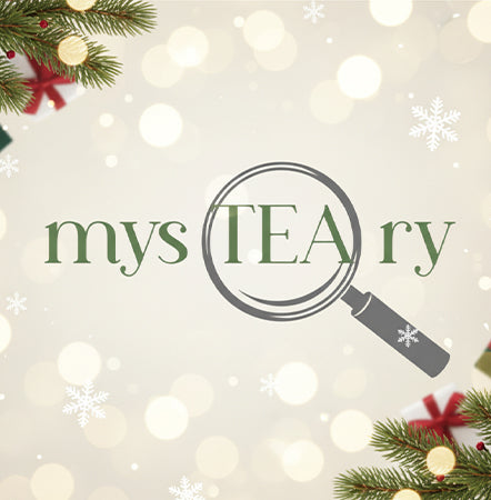 Christmas-themed logo with 'mys TEA ry' and a magnifying glass, surrounded by lights and snowflakes.