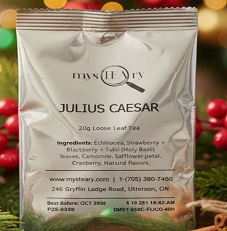 Tea package labeled 'Julius Caesar' with a festive background