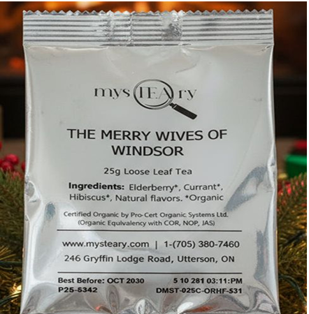 Tea package labeled 'The Merry Wives of Windsor' with branding and contact information.