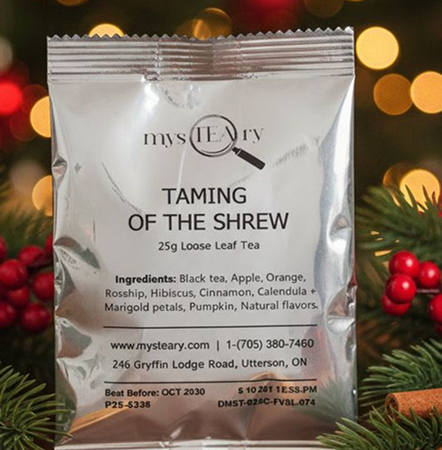 Tea package labeled 'Taming of the Shrew' with festive background