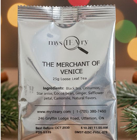 Loose leaf tea package with branding and product details on a blurred background