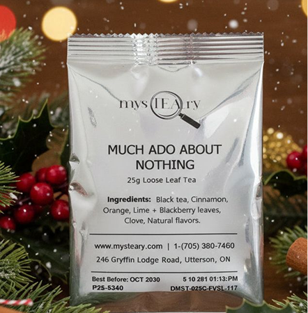 Tea package labeled 'Much Ado About Nothing' with festive background