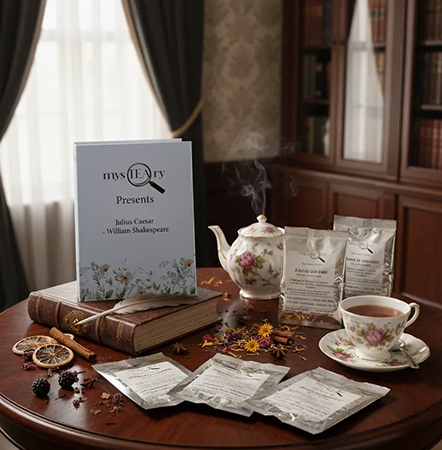Tea set with teapot, cups, and tea bags on a wooden table with a 'mystiQ' sign.