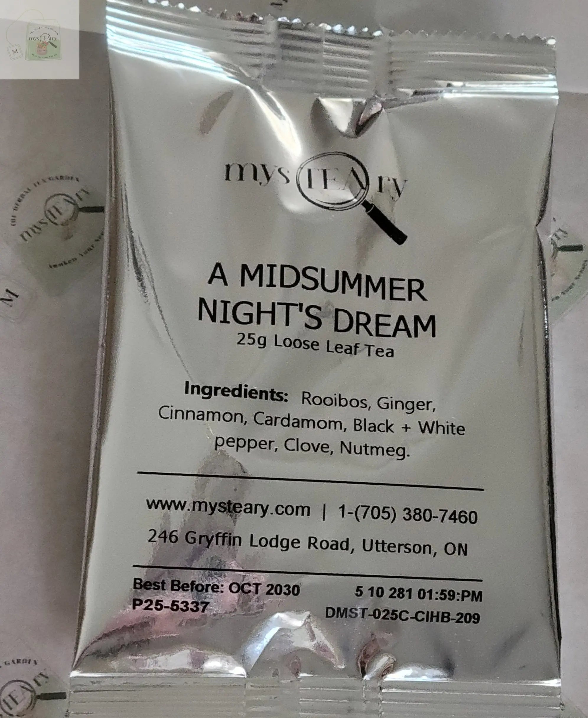 Tea package labeled 'A Midsummer Night's Dream' with ingredients listed on a white background.