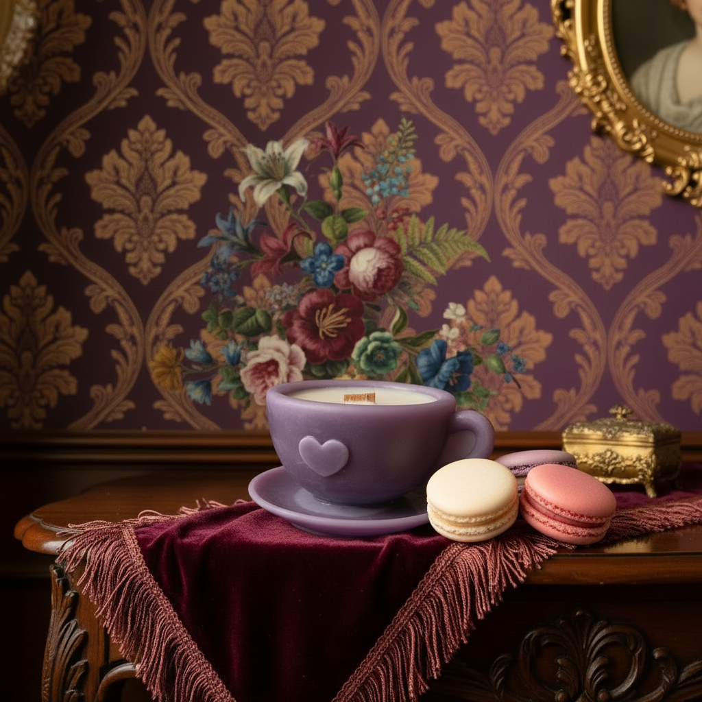 Beeswax & Soya Candles: Cup and Saucer with Macaroons Gift Set (lavender, Vanilla and Rose)