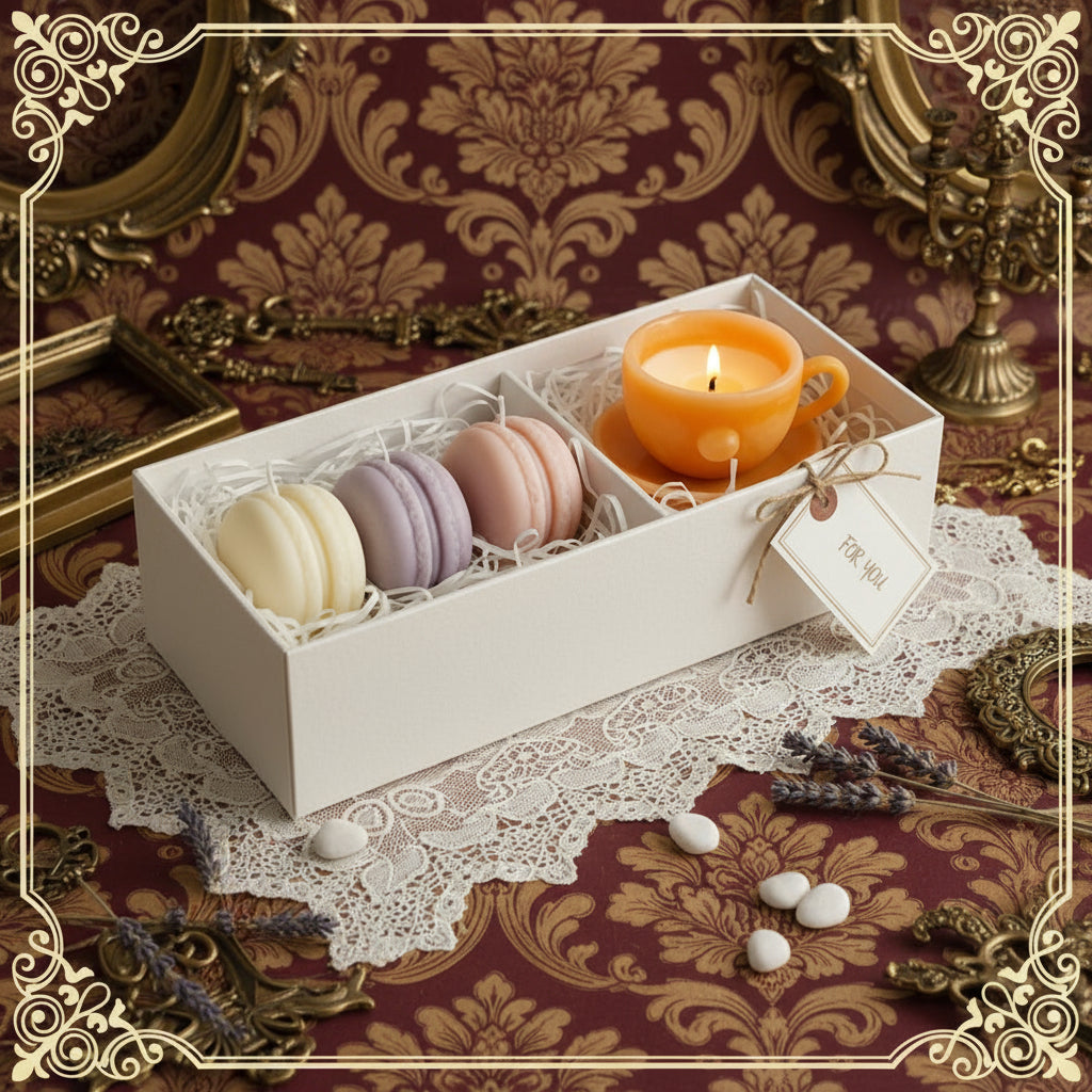 Box of macarons with a lit candle on a decorative tablecloth with ornate gold and red patterns.