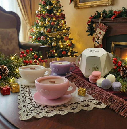 Beeswax & Soy Teacup Candle with Macarons Gift Set – Lavender, Vanilla & Rose