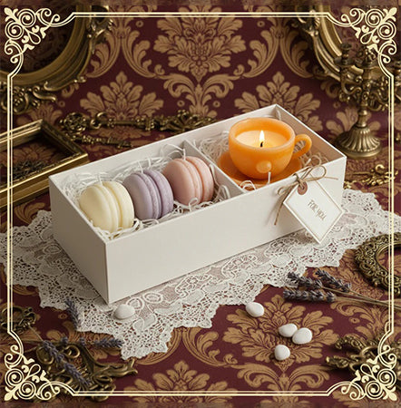 Beeswax & Soy Teacup Candle with Macarons Gift Set – Lavender, Vanilla & Rose