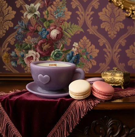 Beeswax & Soy Teacup Candle with Macarons Gift Set – Lavender, Vanilla & Rose