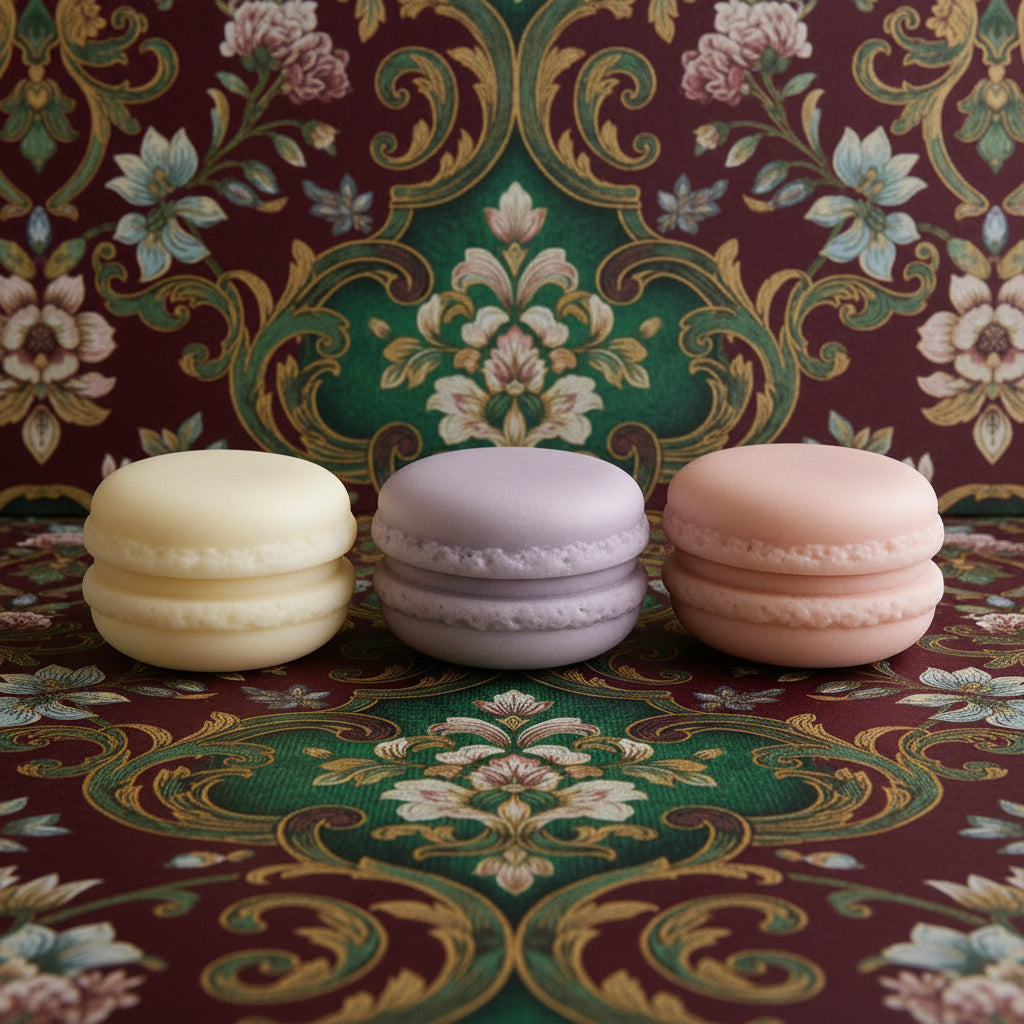 Three macarons on a decorative surface with floral patterns