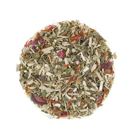 Tea blend with various herbs and flowers on a white background