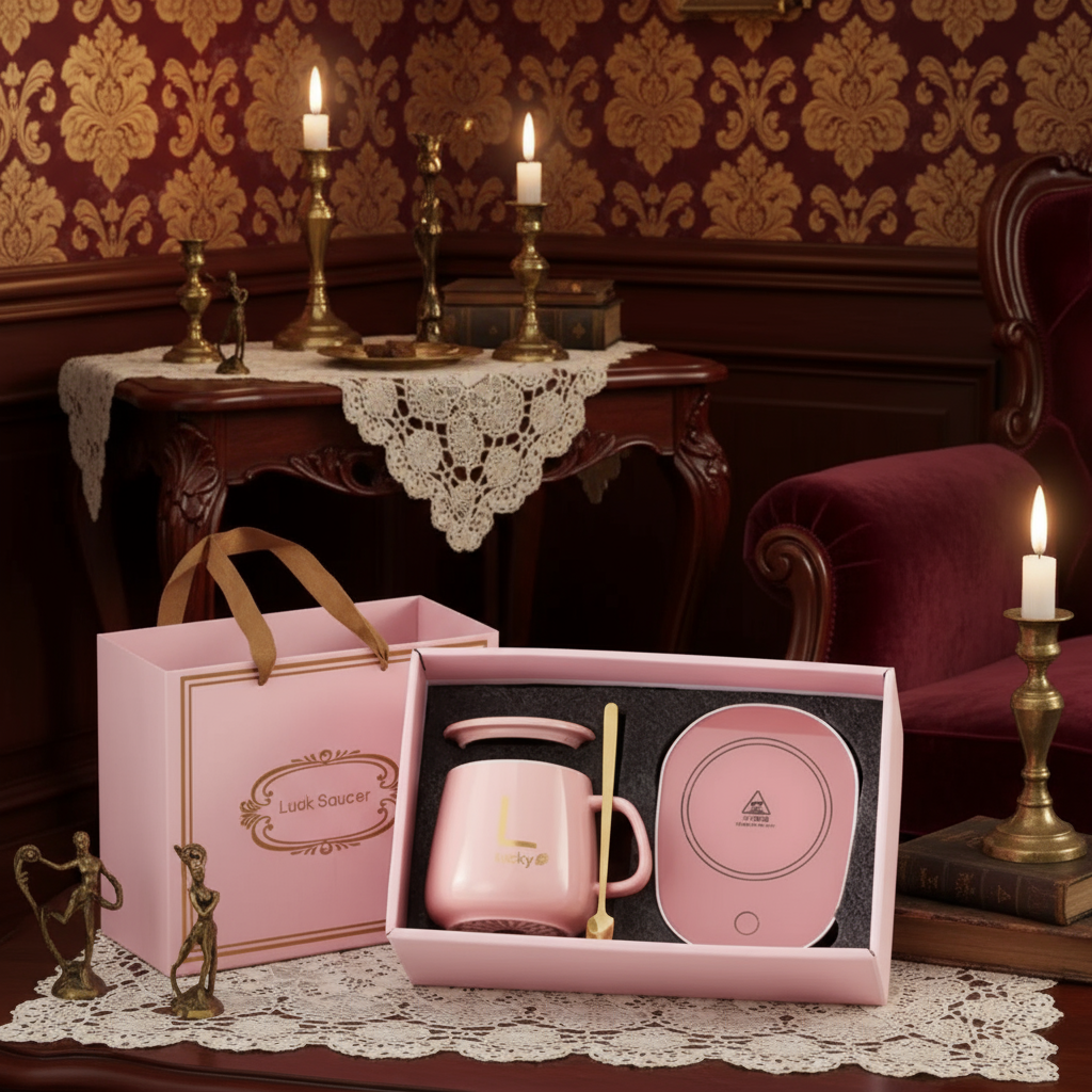 Pink mug and matching warmer set in a decorative room with candles and ornate furniture.