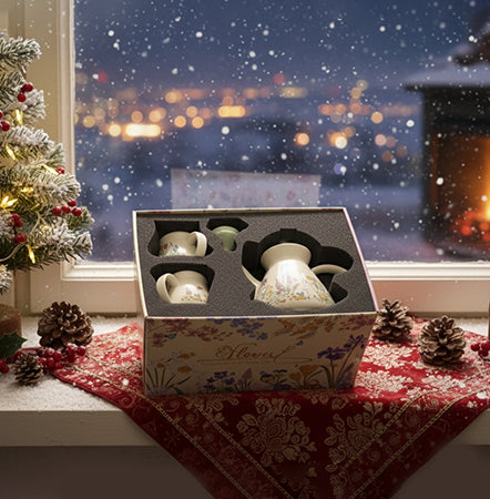 Set of candles in a decorative box on a table with a snowy window view.