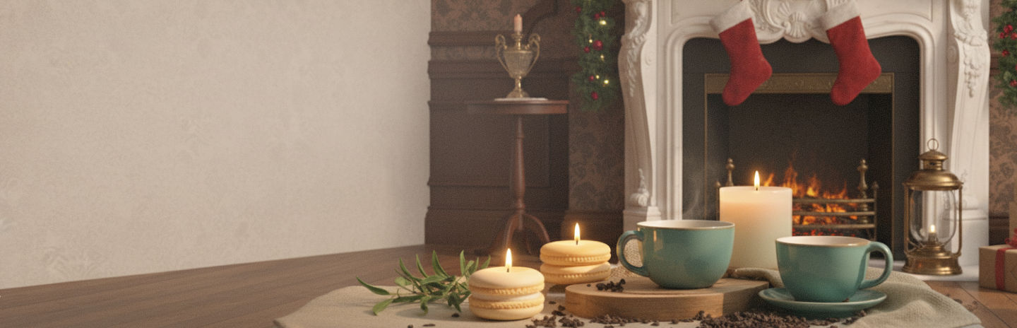 Tea cups and candles on a table in front of a fireplace with stockings hanging.
