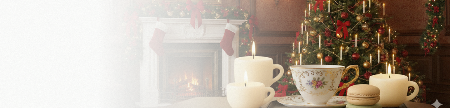 Teacups and saucers on a table with a Christmas tree and decorations in the background.
