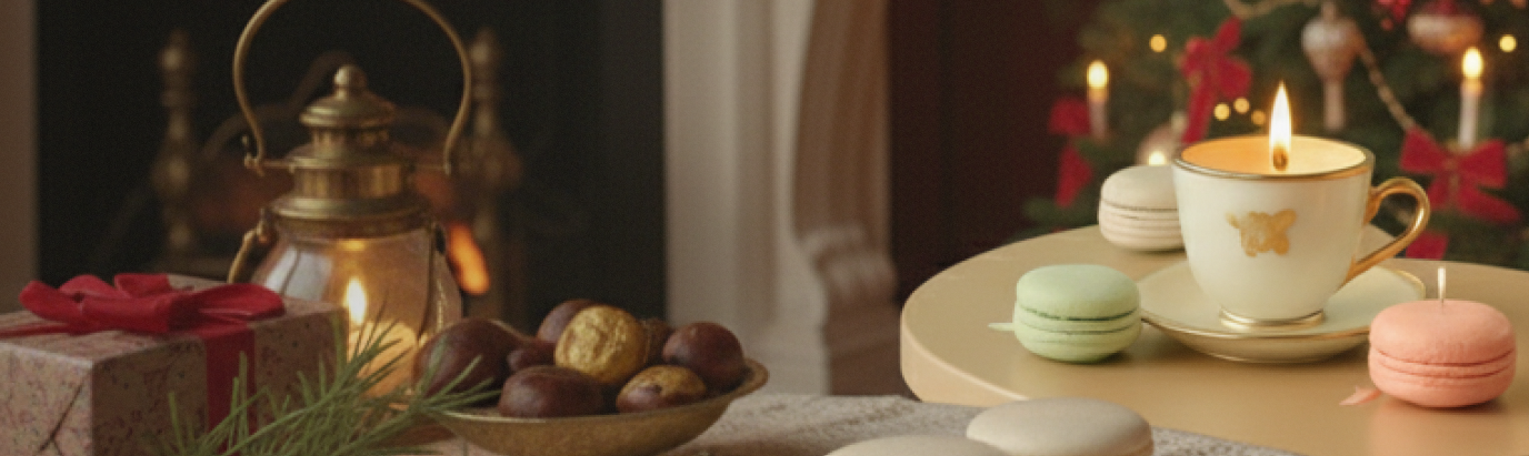 Candlelit scene with a teacup, cookies, and macarons on a table with a warm glow.