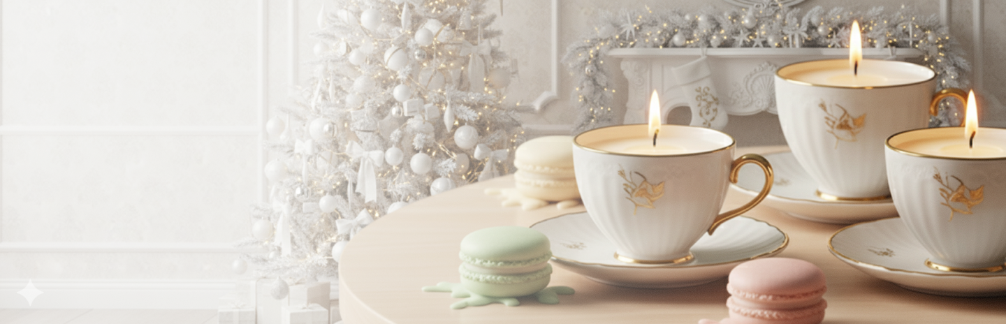 Candlelit tea cups with macarons on a decorative surface