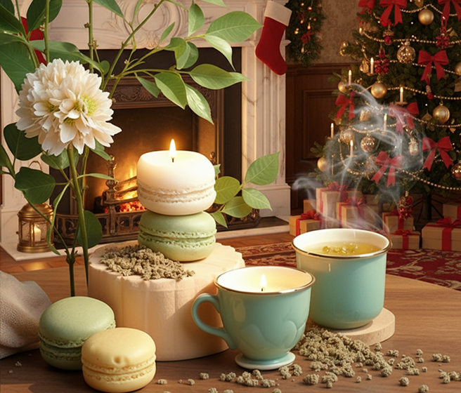Decorative setup with candles, a mug, and flowers in a festive room with a Christmas tree and fireplace.