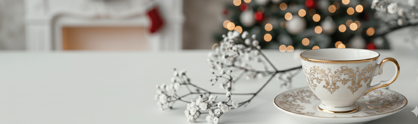 Teacup with gold trim on a saucer, decorated branches, and blurred Christmas tree in the background