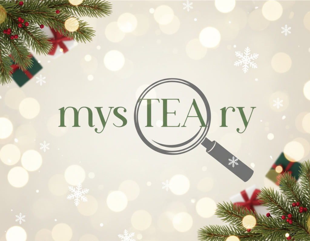 Decorative image with 'mysTEAry' logo, magnifying glass, Christmas trees, and lights on a light background.