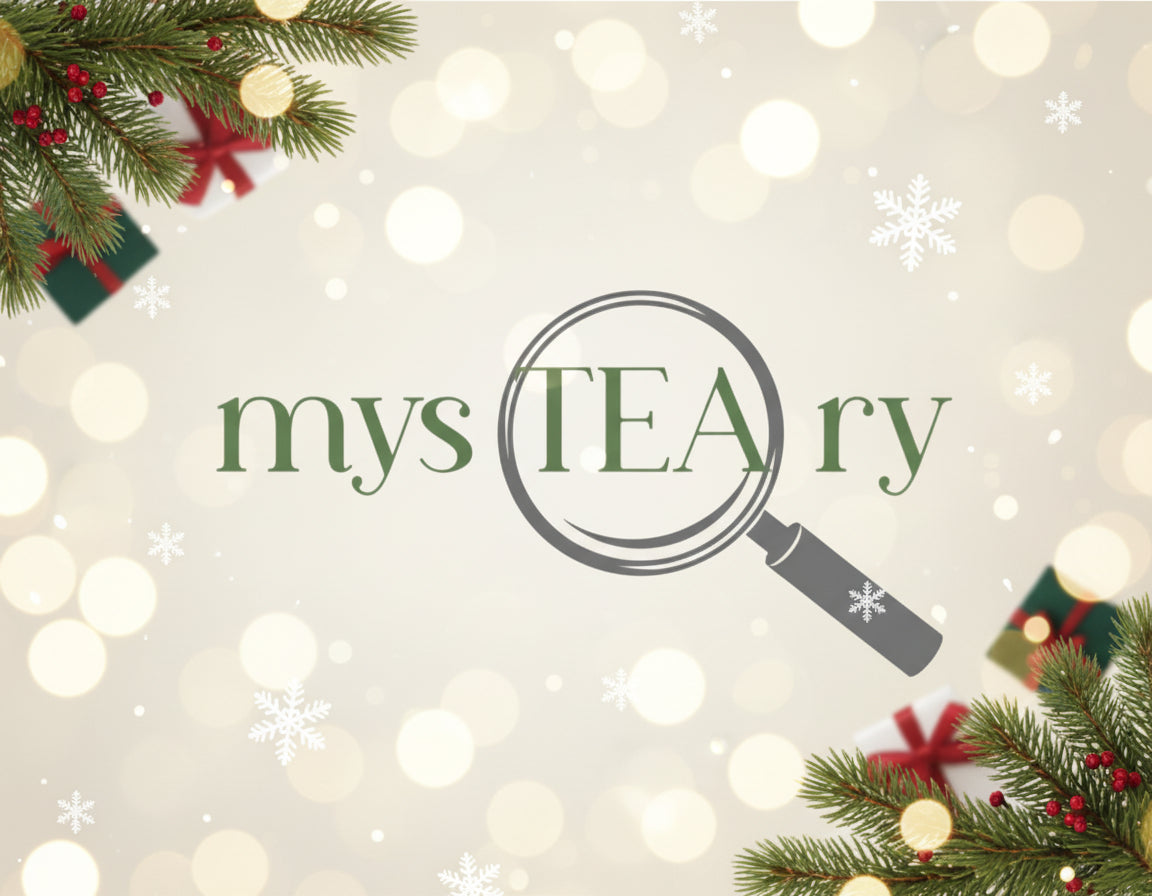 Decorative image with 'mysTEAry' logo, magnifying glass, Christmas trees, and lights on a light background.