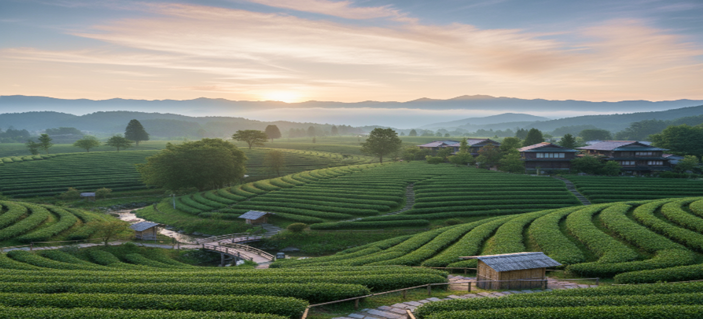 Tea plantation with a scenic view of mountains and sunset.