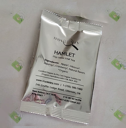 Tea package labeled 'Hamlet' with branding on a light background