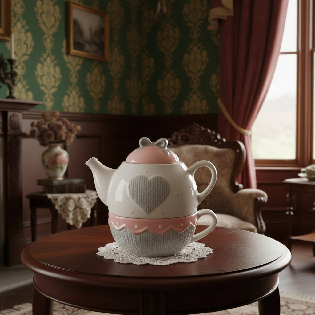 Teapot with heart-shaped strainer on a white background