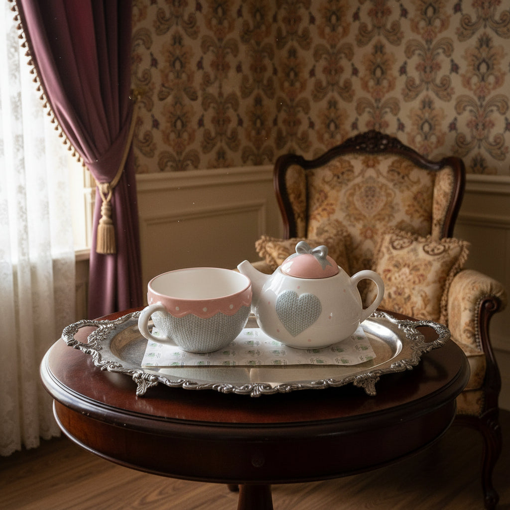 Ceramic teapot and cup set with decorative design on a white background