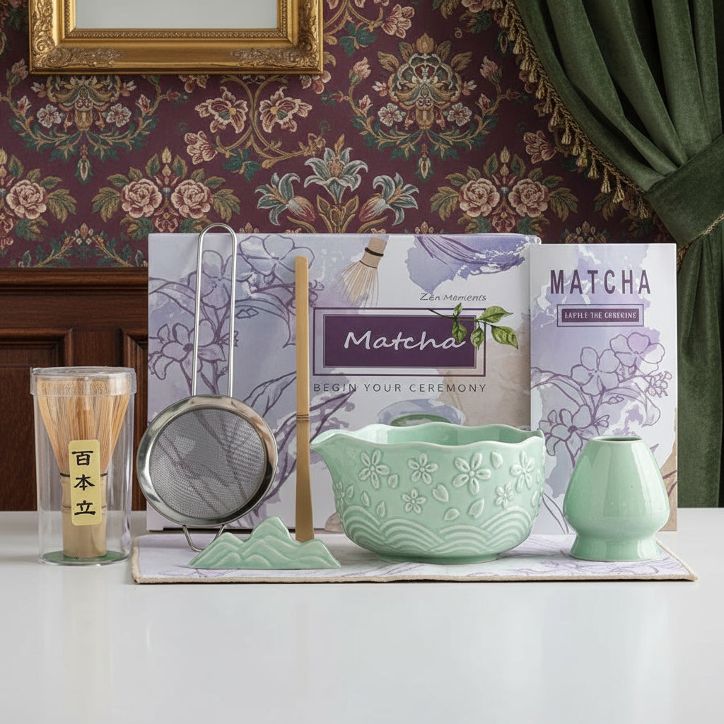 Matcha tea set with green bowl, whisk, and other tools on a white surface.