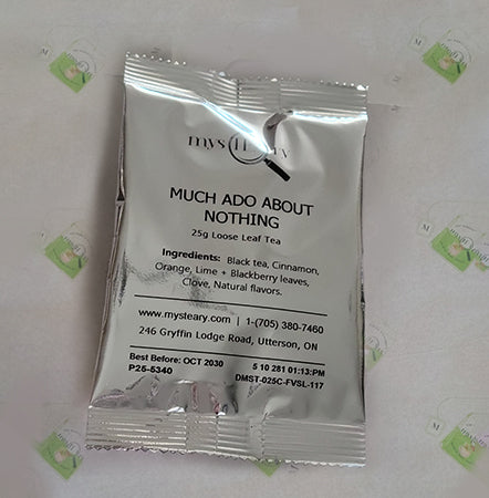 Tea package labeled 'Much Ado About Nothing' on a light background