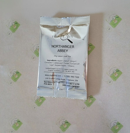 Tea package labeled 'Northanger Abbey' on a light background with decorative elements.