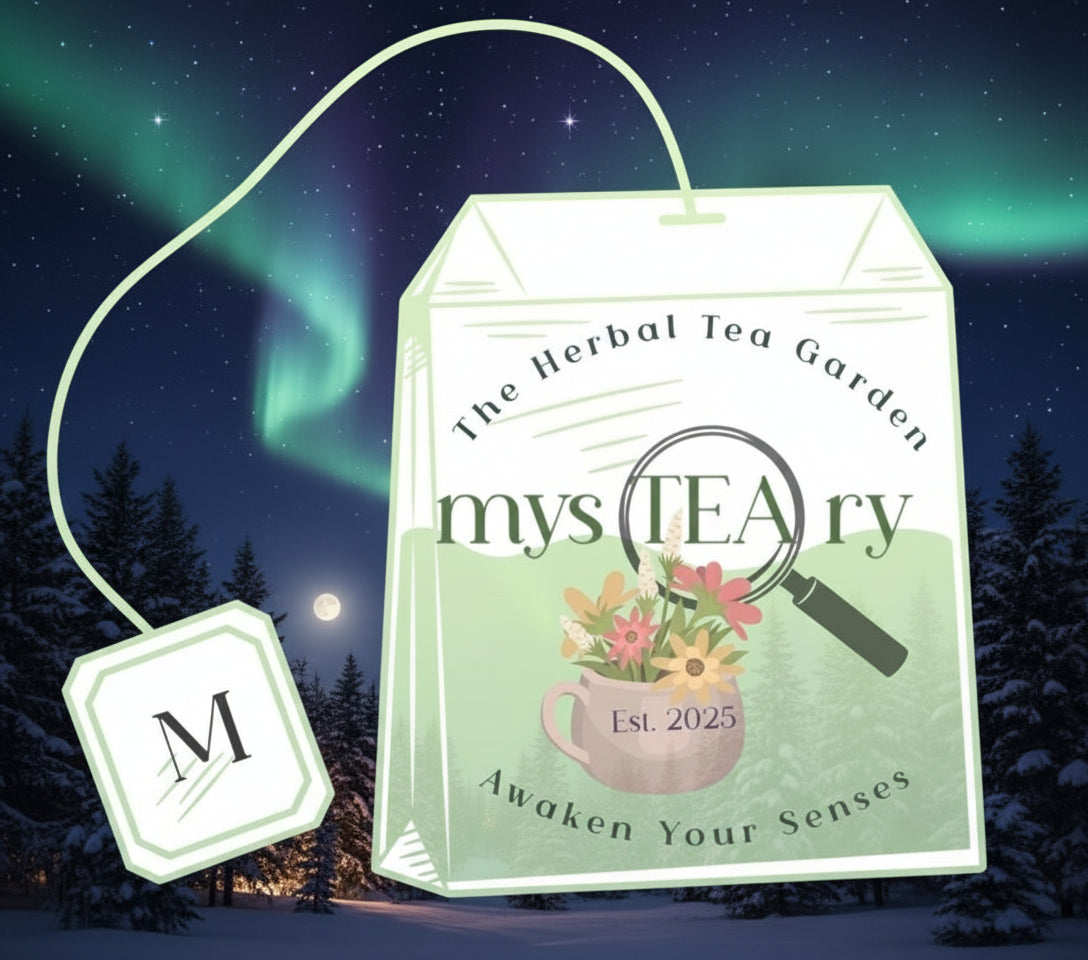 Tea bag packaging with 'mys TEA ry' branding against a night sky with aurora borealis.
