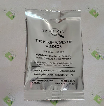 Tea package labeled 'The Merry Wives of Windsor' on a light background