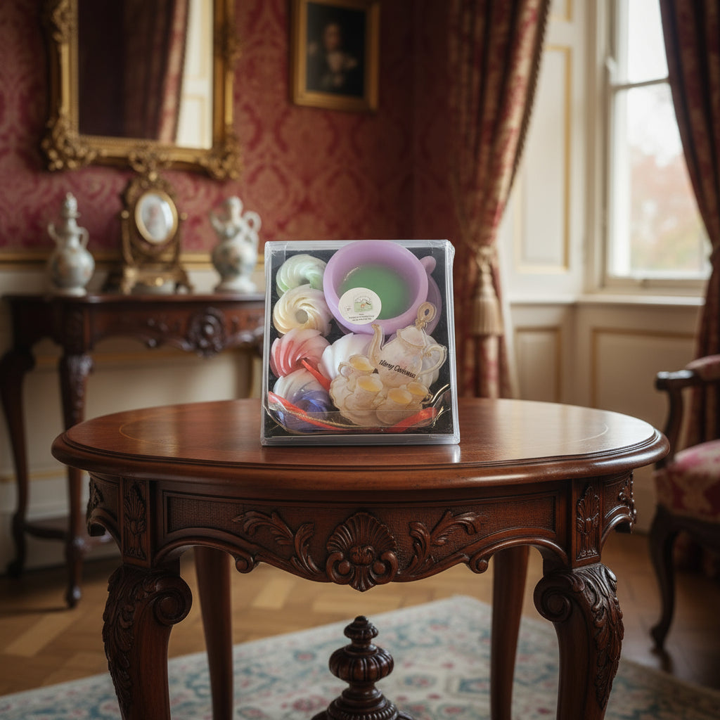 Decorative box with pastel-colored items on a wooden table in an elegant room.