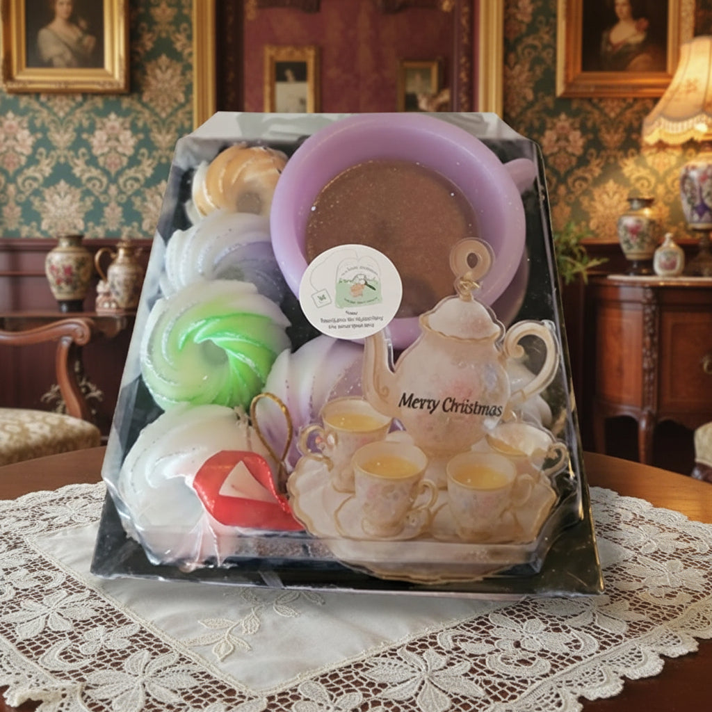 Packaged bath bomb set with decorative elements on a wooden surface