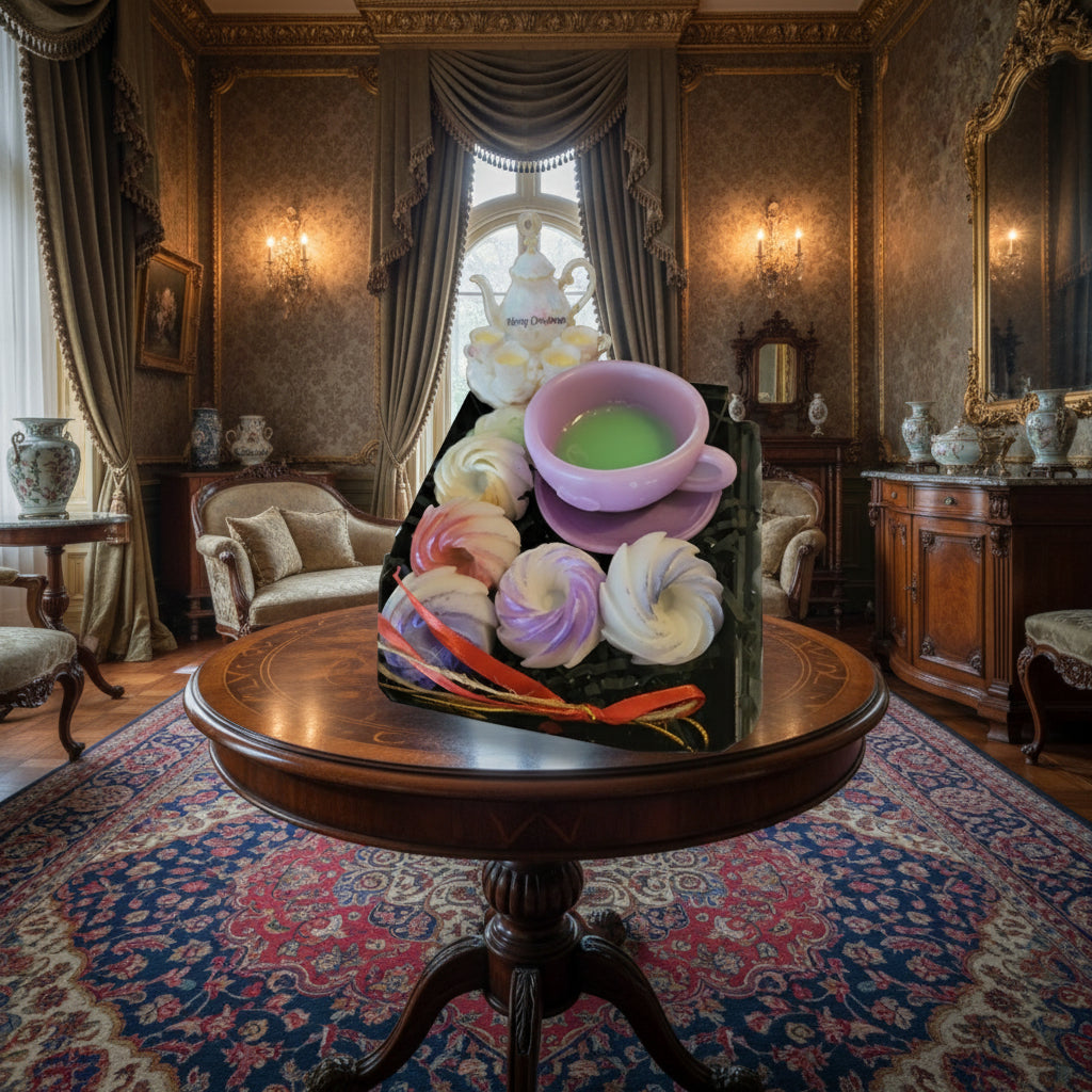 Decorative Christmas ornament with a teapot, cup, and colorful swirls on a wooden surface.