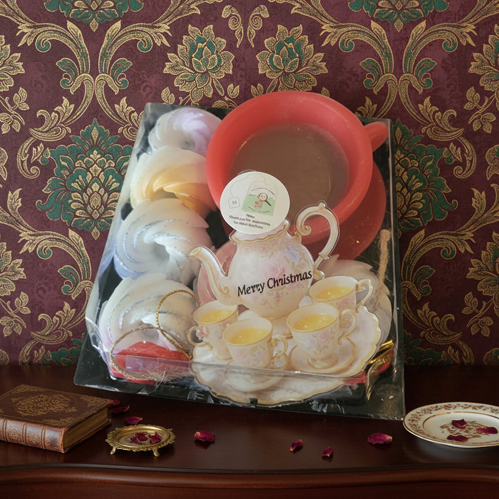 Packaged Christmas-themed tea set with decorative background