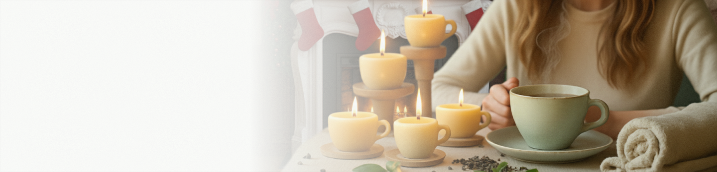 Person holding a teacup with candles and tea leaves on a table