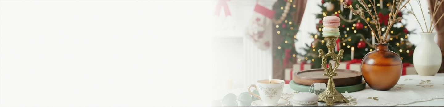 Decorative table setting with a Christmas tree in the background