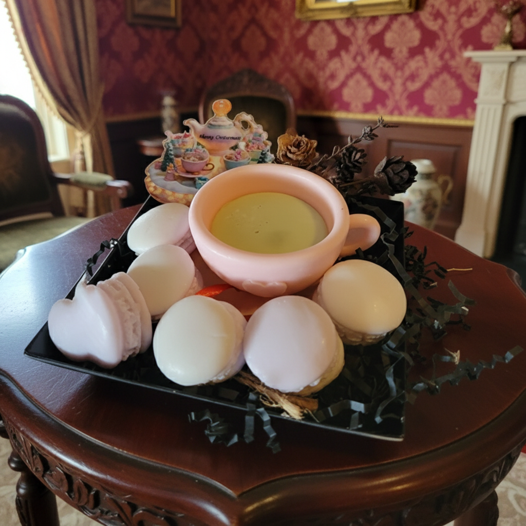 Decorative arrangement of white and pink items on a dark tray with a vintage room background