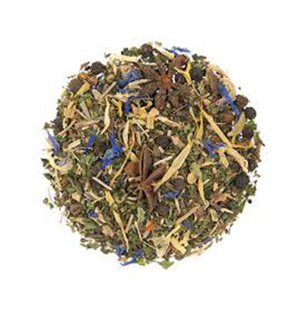 Tea ball with dried herbs and flowers on a white background